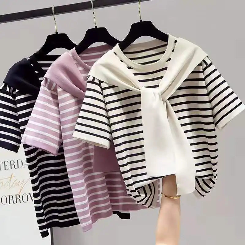 Women's T-shirt Summer New T Shirt Women Fake Two-piece Knitted Striped Short Sleeve Tshirt Casual Korean Fashion Poleras Mujer