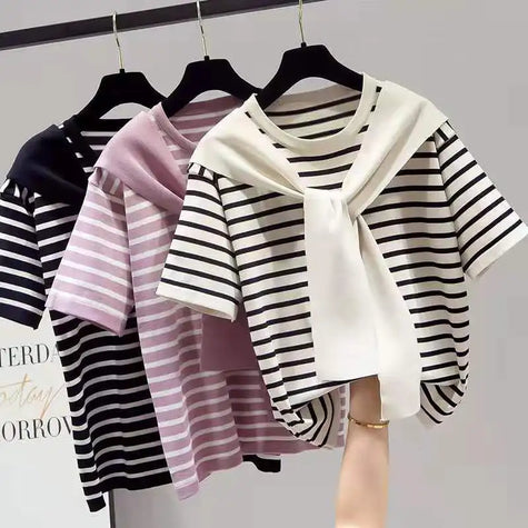 Women's T-shirt Summer New T Shirt Women Fake Two-piece Knitted Striped Short Sleeve Tshirt Casual Korean Fashion Poleras Mujer