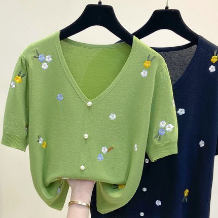 T-shirt women 2025 summer v-neck cotton sweater women embroidery casual tops flower women's clothes tees slim knit sweater