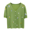 T-shirt women 2025 summer v-neck cotton sweater women embroidery casual tops flower women's clothes tees slim knit sweater