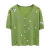 T-shirt women 2025 summer v-neck cotton sweater women embroidery casual tops flower women's clothes tees slim knit sweater