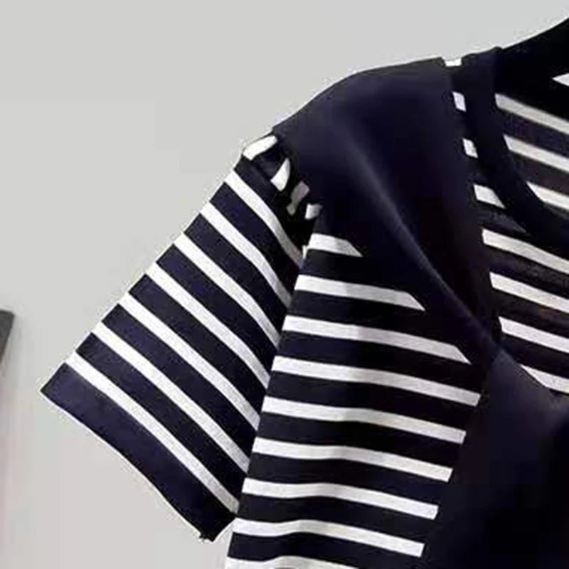 Women's T-shirt Summer New T Shirt Women Fake Two-piece Knitted Striped Short Sleeve Tshirt Casual Korean Fashion Poleras Mujer