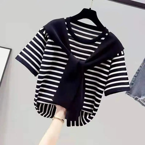 Women's T-shirt Summer New T Shirt Women Fake Two-piece Knitted Striped Short Sleeve Tshirt Casual Korean Fashion Poleras Mujer