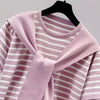Women's T-shirt Summer New T Shirt Women Fake Two-piece Knitted Striped Short Sleeve Tshirt Casual Korean Fashion Poleras Mujer