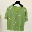 T-shirt women 2025 summer v-neck cotton sweater women embroidery casual tops flower women's clothes tees slim knit sweater