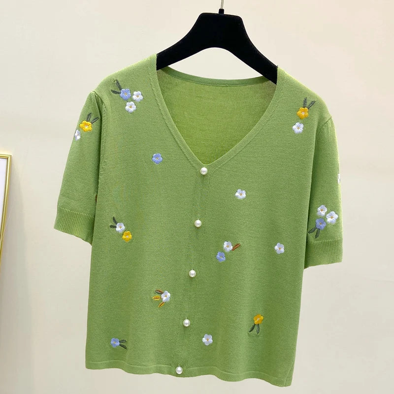 T-shirt women 2025 summer v-neck cotton sweater women embroidery casual tops flower women's clothes tees slim knit sweater