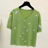 T-shirt women 2025 summer v-neck cotton sweater women embroidery casual tops flower women's clothes tees slim knit sweater