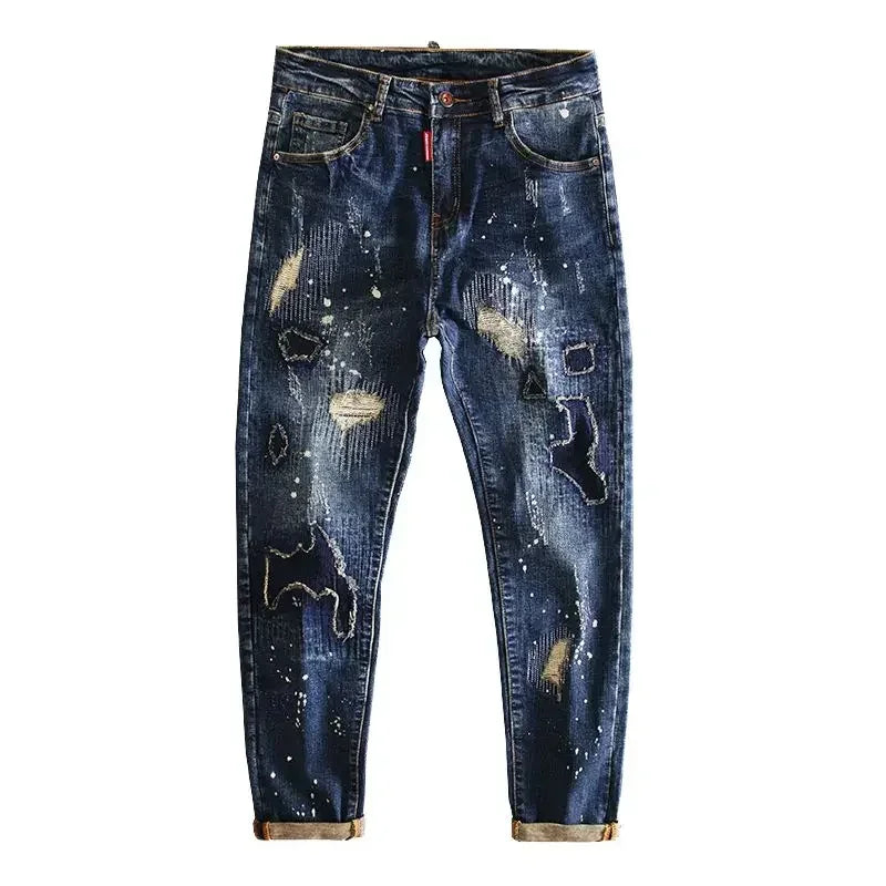 Jeans for Men Stretch Trousers Slim Fit Skinny Ripped Male Cowboy Pants Elastic Patch Broken with Holes Tight Pipe Torn Retro Xs