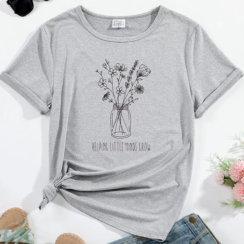 Women's T-shirt Flowers Pattern Print Round Neck Casual Streetwear Comfortable Breathable Female Clothing Top Tees Hot Sales