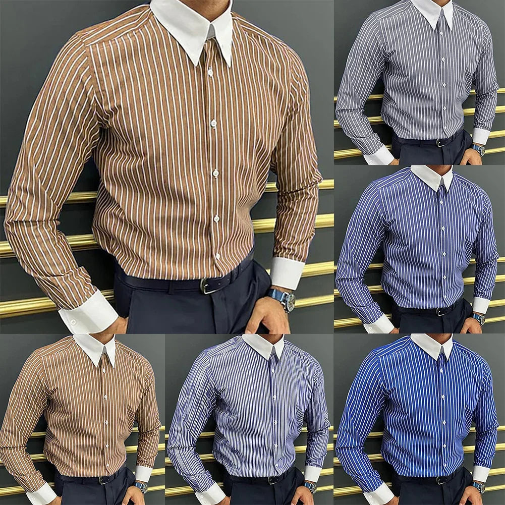 Men Casual Striped Shirt Slim Fit Long Sleeve Formal Business Dress Shirt Top Collared Male Striped Shirt