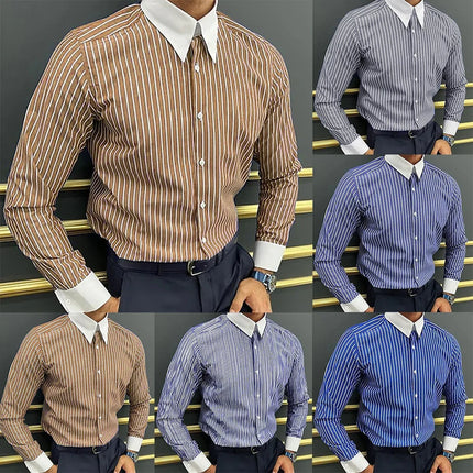 Men Casual Striped Shirt Slim Fit Long Sleeve Formal Business Dress Shirt Top Collared Male Striped Shirt