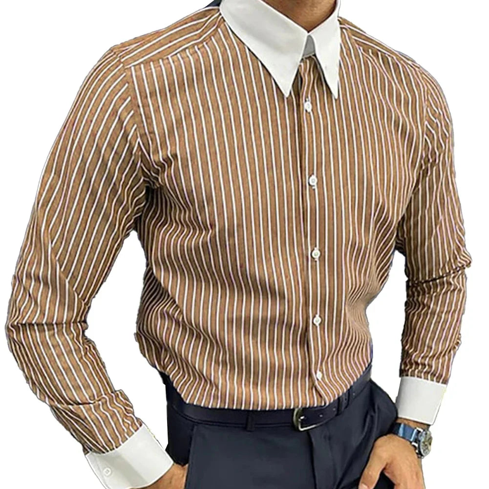 Men Casual Striped Shirt Slim Fit Long Sleeve Formal Business Dress Shirt Top Collared Male Striped Shirt