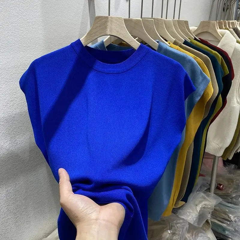 Women's T-shirt Summer O Neck Knitted Fashion Woman Blouse 2025 Short Sleeve Tees Solid Color Ice Silk Oversized T-shirt Women