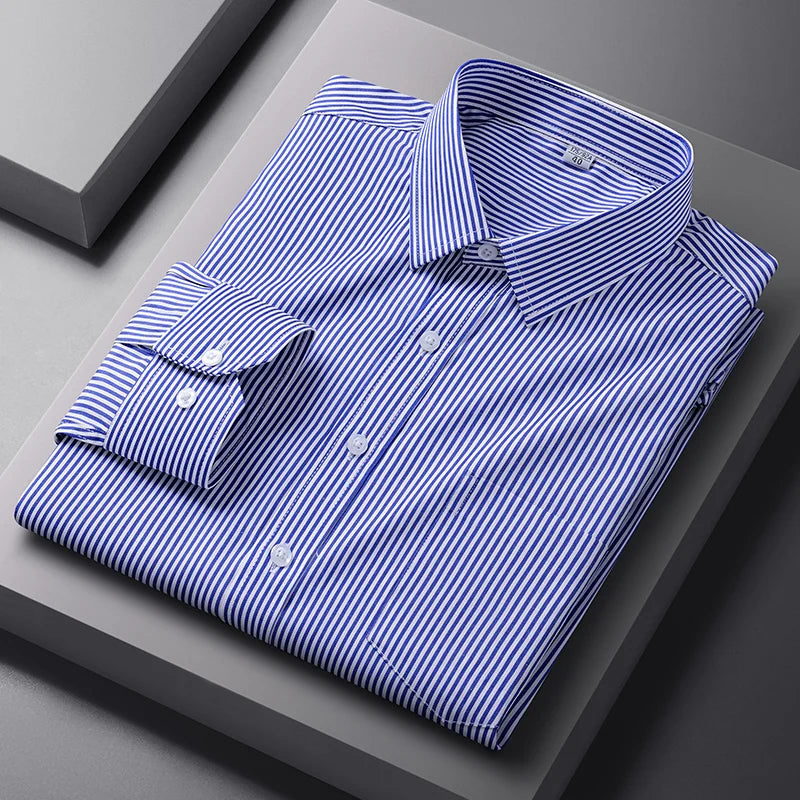Men Formal Shirt Long Sleeve Office Solid Color Striped Anti-Wrinkle Fashion Business Pocket White Social Pocket Shirt S-4XL