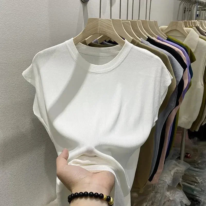 Women's T-shirt Summer O Neck Knitted Fashion Woman Blouse 2025 Short Sleeve Tees Solid Color Ice Silk Oversized T-shirt Women