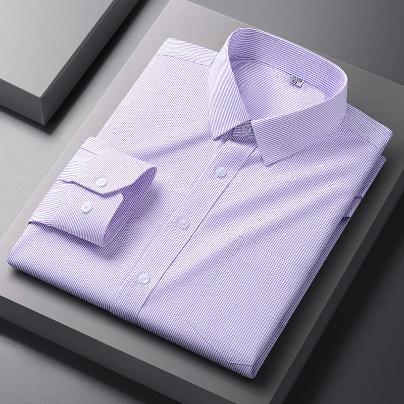 Men Formal Shirt Long Sleeve Office Solid Color Striped Anti-Wrinkle Fashion Business Pocket White Social Pocket Shirt S-4XL