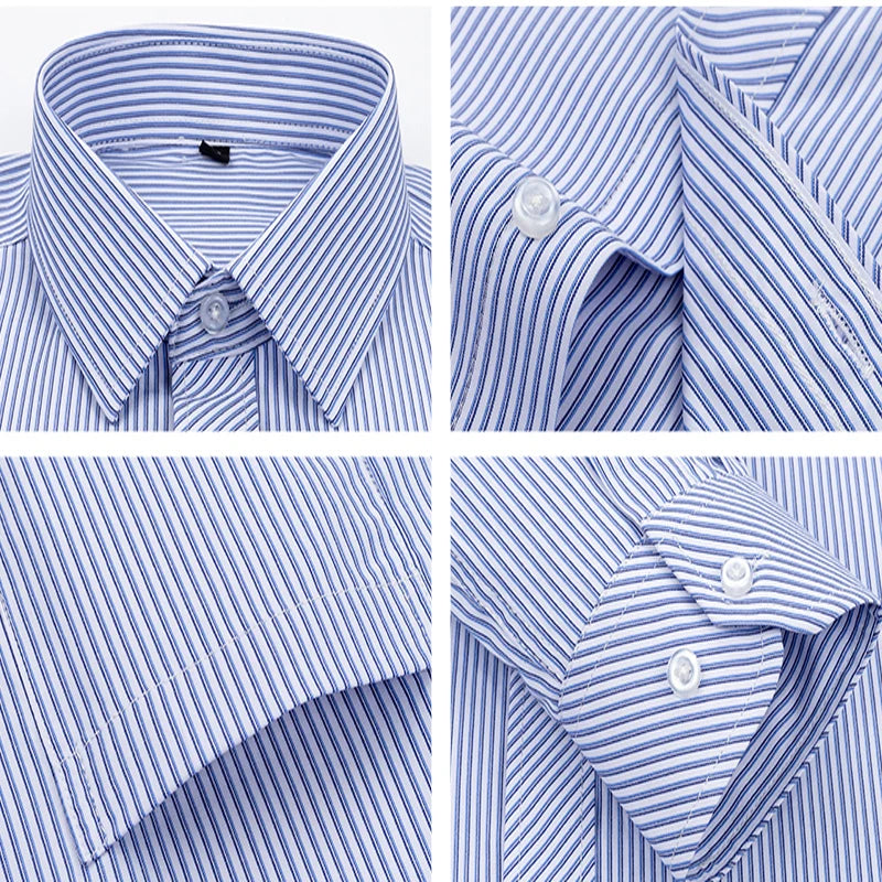Men's formal shirt long-sleeved office solid color striped with pockets anti-wrinkle no-iron fashion business white shirt