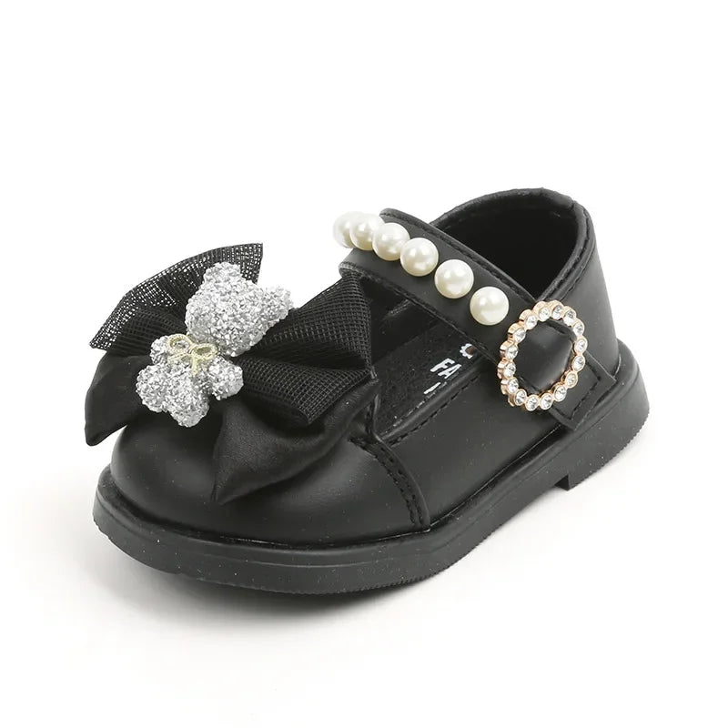 Baby Girls Walking Shoes with Big Bow Bear Children Princess Shoes Soft Sole Round Toe 2025 New Fashion Kids Flat Shoes Non-slip