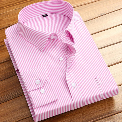Men's formal shirt long-sleeved office solid color striped with pockets anti-wrinkle no-iron fashion business white shirt