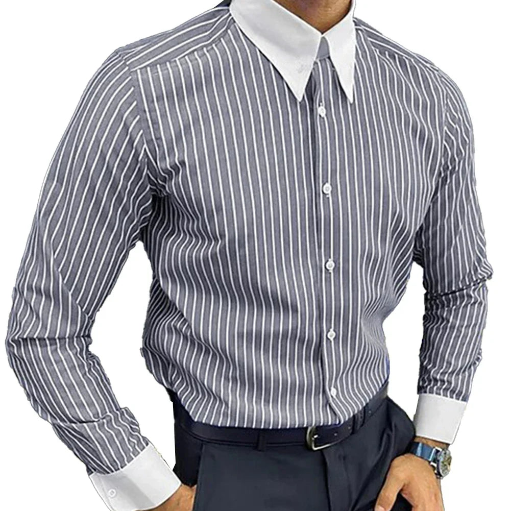 Men Casual Striped Shirt Slim Fit Long Sleeve Formal Business Dress Shirt Top Collared Male Striped Shirt