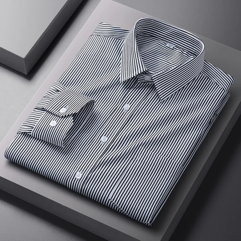 Men Formal Shirt Long Sleeve Office Solid Color Striped Anti-Wrinkle Fashion Business Pocket White Social Pocket Shirt S-4XL