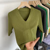 Women's T-shirt Short Sleeve Tee V Neck T-shirts Female Summer 2024 New Slim Casual Solid Color Green Knitted T Shirt for Women