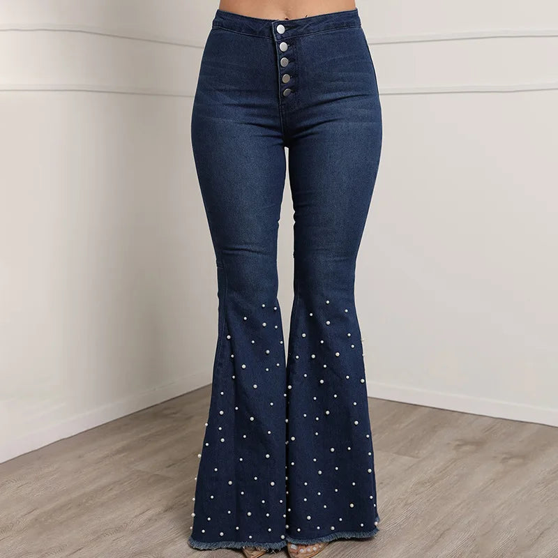 Women's casual jeans, fashionable studded Button flared y2k jeans