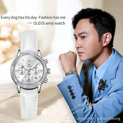 OLEVS 9933 Women' Watches Luxury Brand Diamond Quartz Wristwatch Waterproof Luminous   Leather Strap Multifunction Ladies Watch