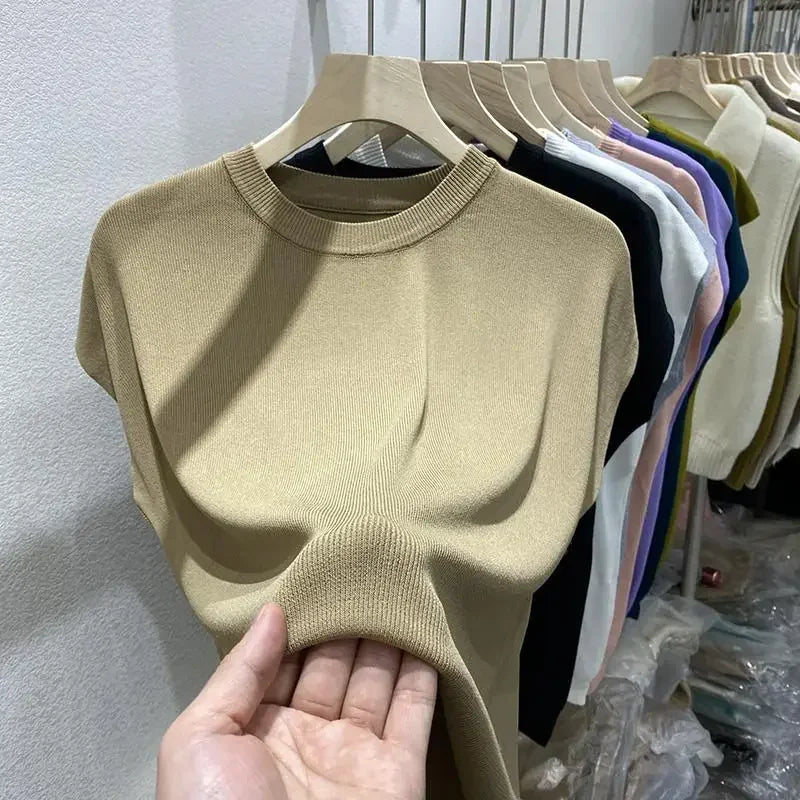 Women's T-shirt Summer O Neck Knitted Fashion Woman Blouse 2025 Short Sleeve Tees Solid Color Ice Silk Oversized T-shirt Women