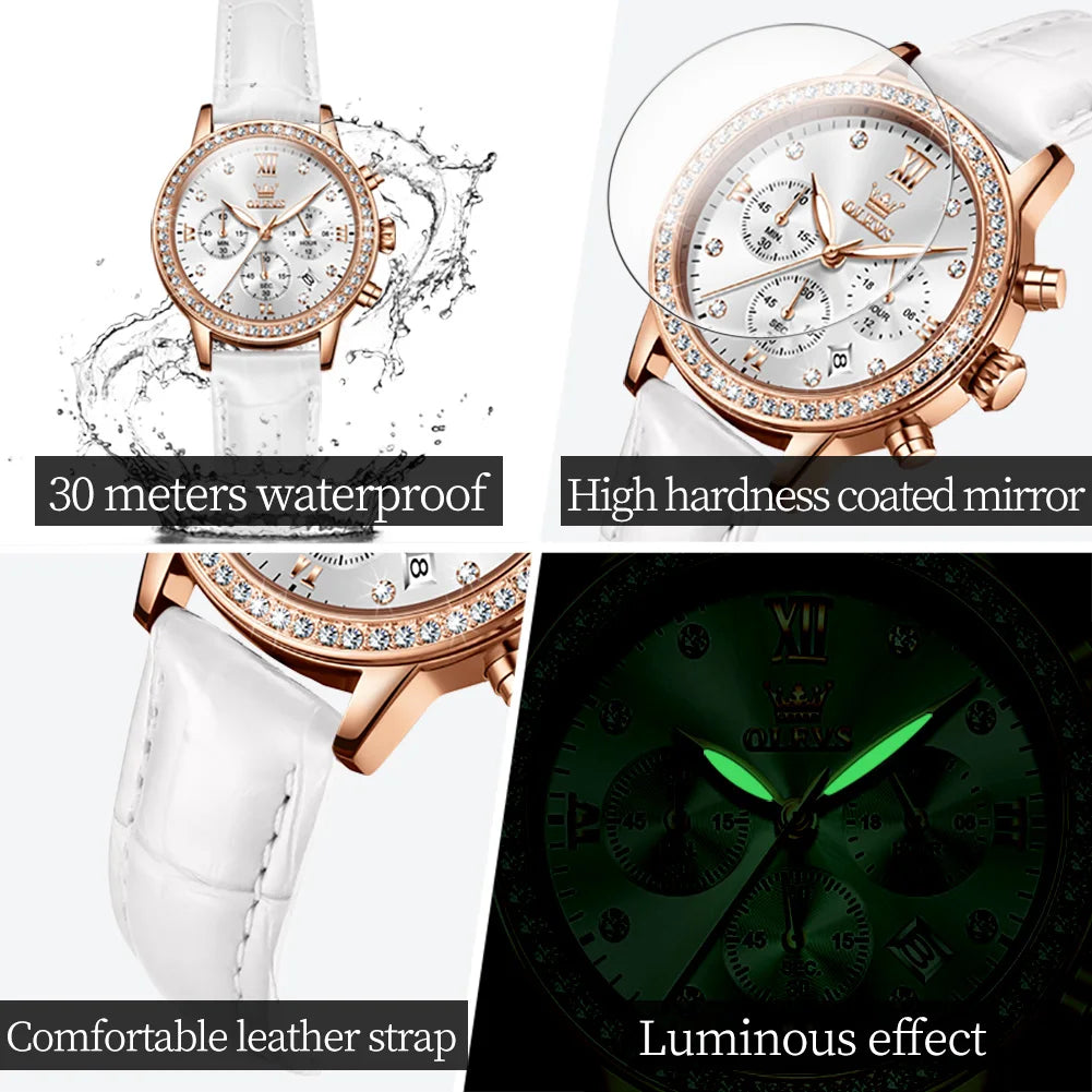 OLEVS 9933 Women' Watches Luxury Brand Diamond Quartz Wristwatch Waterproof Luminous   Leather Strap Multifunction Ladies Watch
