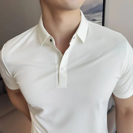 Men Polo Shirt 2025 Summer New Ice Silk Light Thin Traceless Solid Casual Elastic Slim Fit Short Sleeved T-shirt Men Clothing