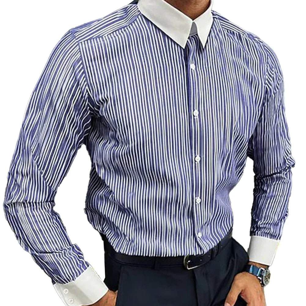 Men Casual Striped Shirt Slim Fit Long Sleeve Formal Business Dress Shirt Top Collared Male Striped Shirt