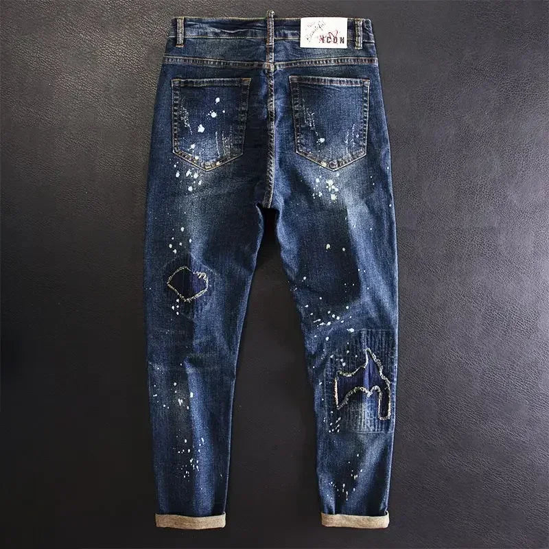 Jeans for Men Stretch Trousers Slim Fit Skinny Ripped Male Cowboy Pants Elastic Patch Broken with Holes Tight Pipe Torn Retro Xs