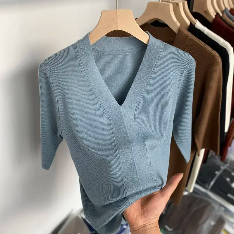 Women's T-shirt Short Sleeve Tee V Neck T-shirts Female Summer 2024 New Slim Casual Solid Color Green Knitted T Shirt for Women