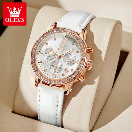 OLEVS 9933 Women' Watches Luxury Brand Diamond Quartz Wristwatch Waterproof Luminous   Leather Strap Multifunction Ladies Watch