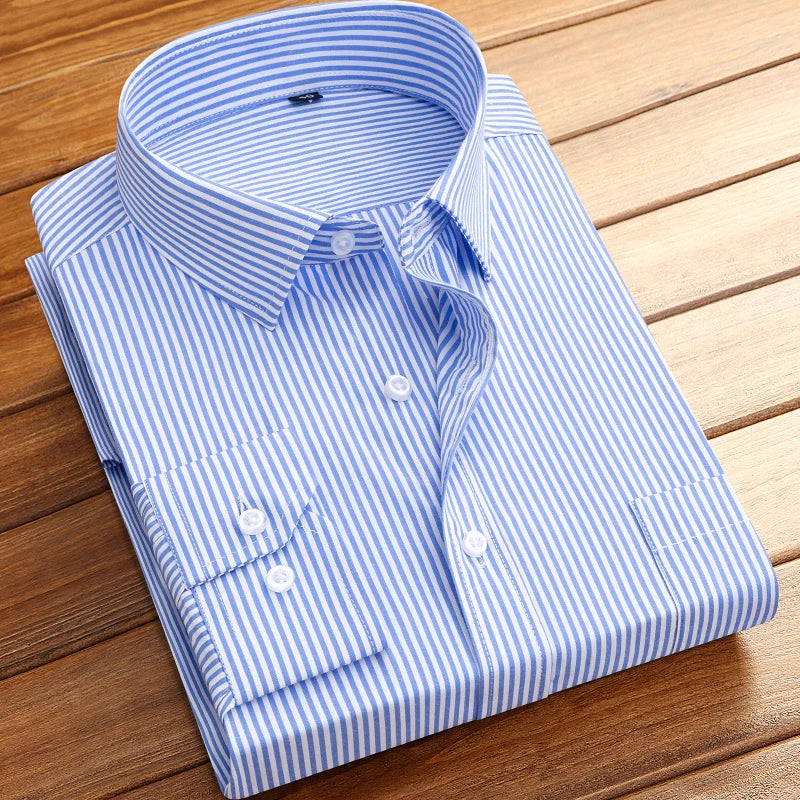 Men's formal shirt long-sleeved office solid color striped with pockets anti-wrinkle no-iron fashion business white shirt