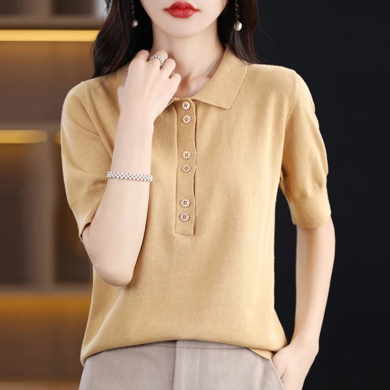 Women's T-shirt Summer 100% Cotton Sweater Short Sleeve Casual Knitwear POLO Collar Ladies' Tops Loose Pullover Tees Buttons