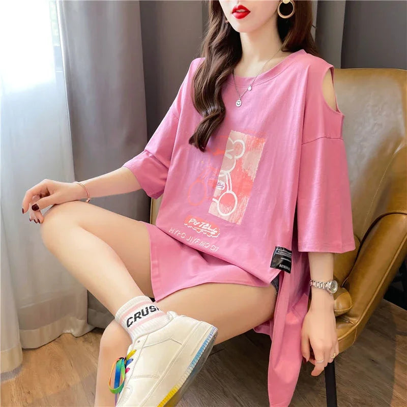 Women's T-shirt Graphic Cotton Short Sleeve Top Female Off Shoulder Summer Outfit Y2k Clothes Clothing Sales Korean Streetwear