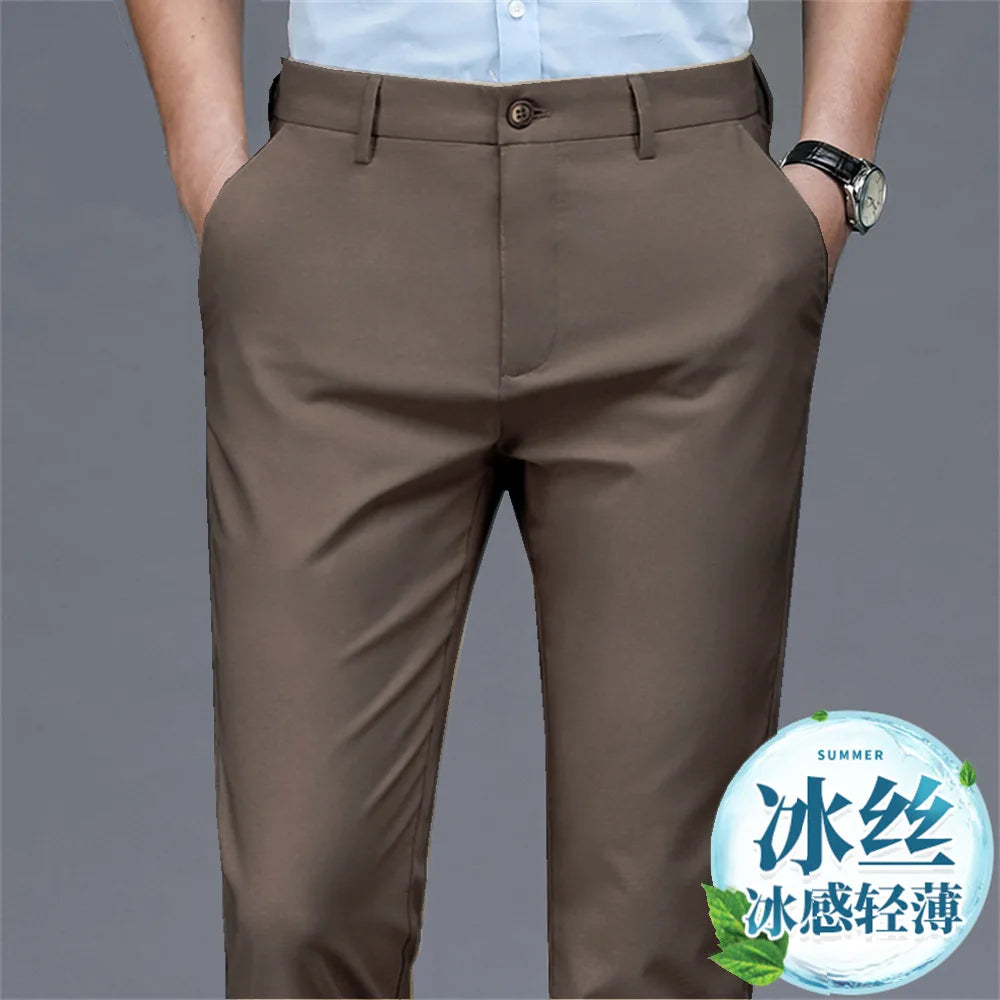 Men's casual pants  business formal trousers  men's summer thin straight leg loose  middle-aged men's pants ice silk pants