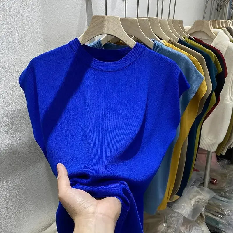 Women's T-shirt Summer O Neck Knitted Fashion Woman Blouse 2025 Short Sleeve Tees Solid Color Ice Silk Oversized T-shirt Women