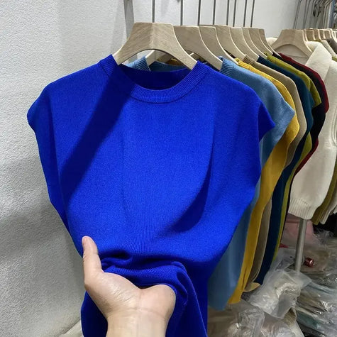 Women's T-shirt Summer O Neck Knitted Fashion Woman Blouse 2025 Short Sleeve Tees Solid Color Ice Silk Oversized T-shirt Women
