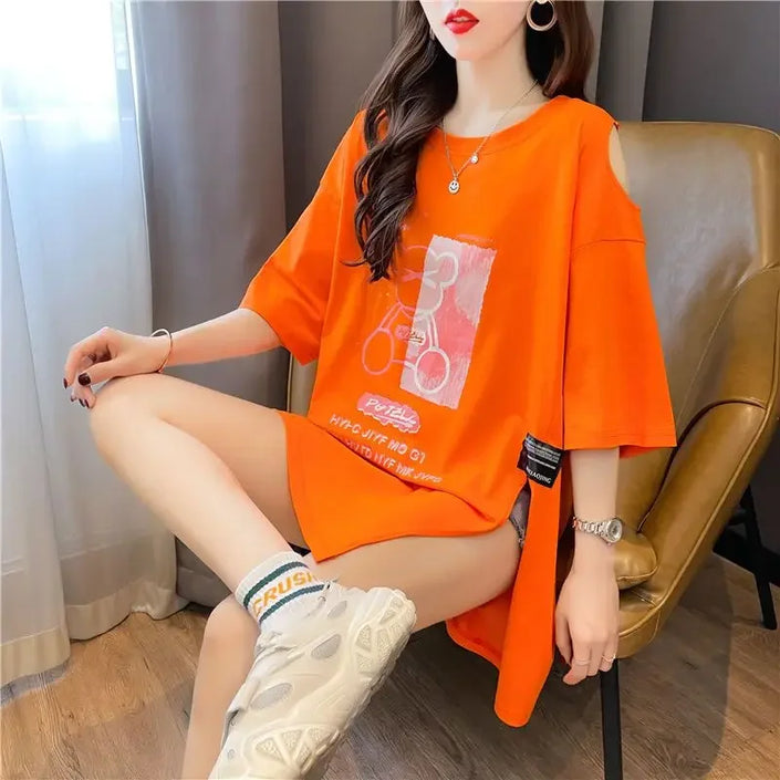 Women's T-shirt Graphic Cotton Short Sleeve Top Female Off Shoulder Summer Outfit Y2k Clothes Clothing Sales Korean Streetwear