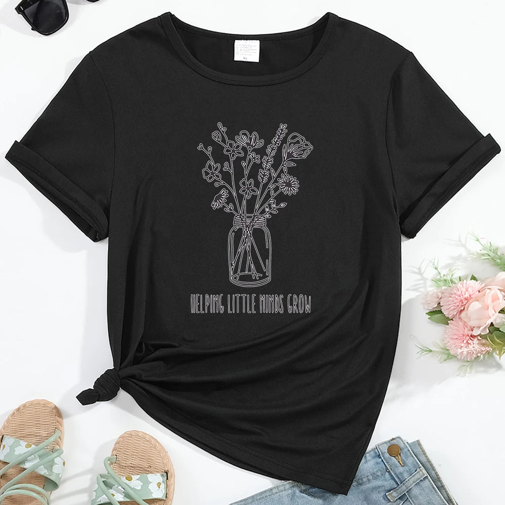 Women's T-shirt Flowers Pattern Print Round Neck Casual Streetwear Comfortable Breathable Female Clothing Top Tees Hot Sales