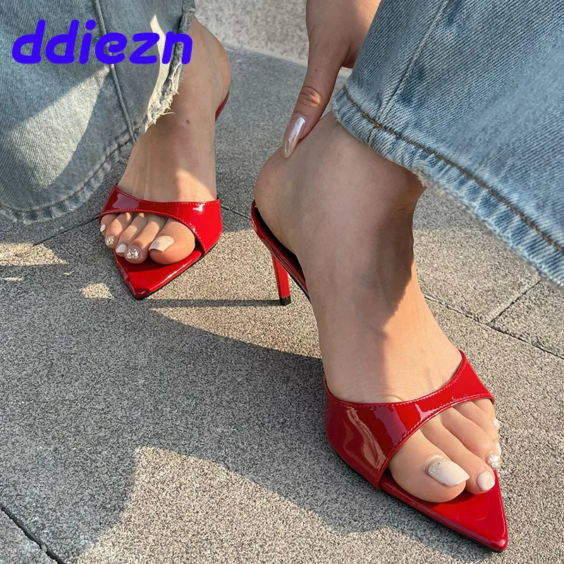 Female Red Footwear Pumps Slides Heels Shoes For Women New In 2025 Luxury Fashion Pointed Toe Ladies Thin High Heels Shoes