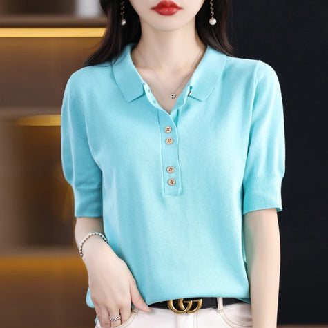 Women's T-shirt Summer 100% Cotton Sweater Short Sleeve Casual Knitwear POLO Collar Ladies' Tops Loose Pullover Tees Buttons