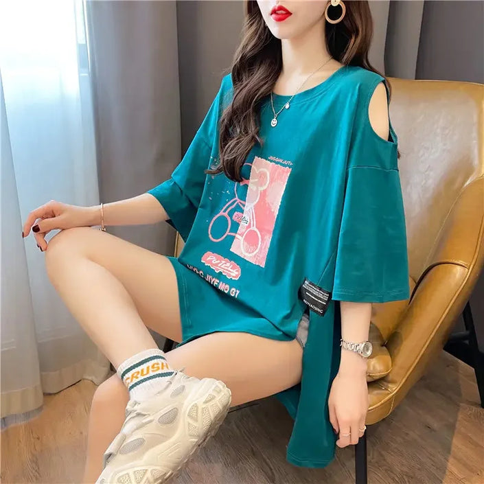 Women's T-shirt Graphic Cotton Short Sleeve Top Female Off Shoulder Summer Outfit Y2k Clothes Clothing Sales Korean Streetwear