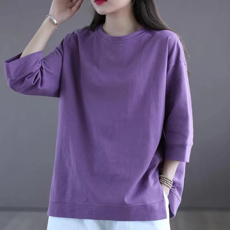 Women T-shirt Spring and Summer New Simplicity Versatile Casual Commuting Fashion 3/4 Sleeve Elegant Solid Color Short Sleeve