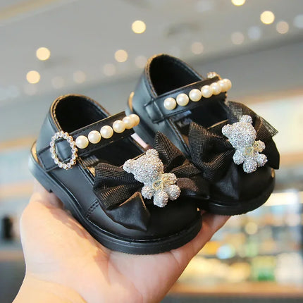 Baby Girls Walking Shoes with Big Bow Bear Children Princess Shoes Soft Sole Round Toe 2025 New Fashion Kids Flat Shoes Non-slip