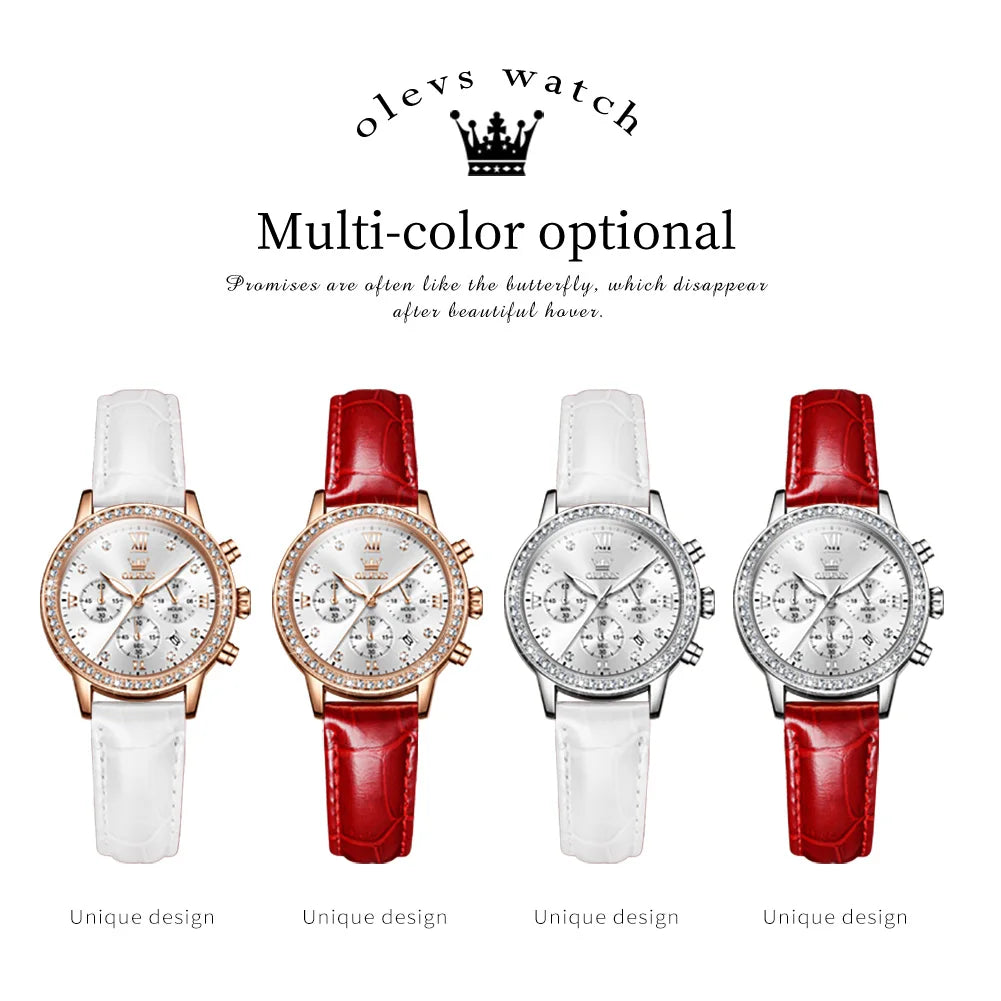 OLEVS 9933 Women' Watches Luxury Brand Diamond Quartz Wristwatch Waterproof Luminous   Leather Strap Multifunction Ladies Watch