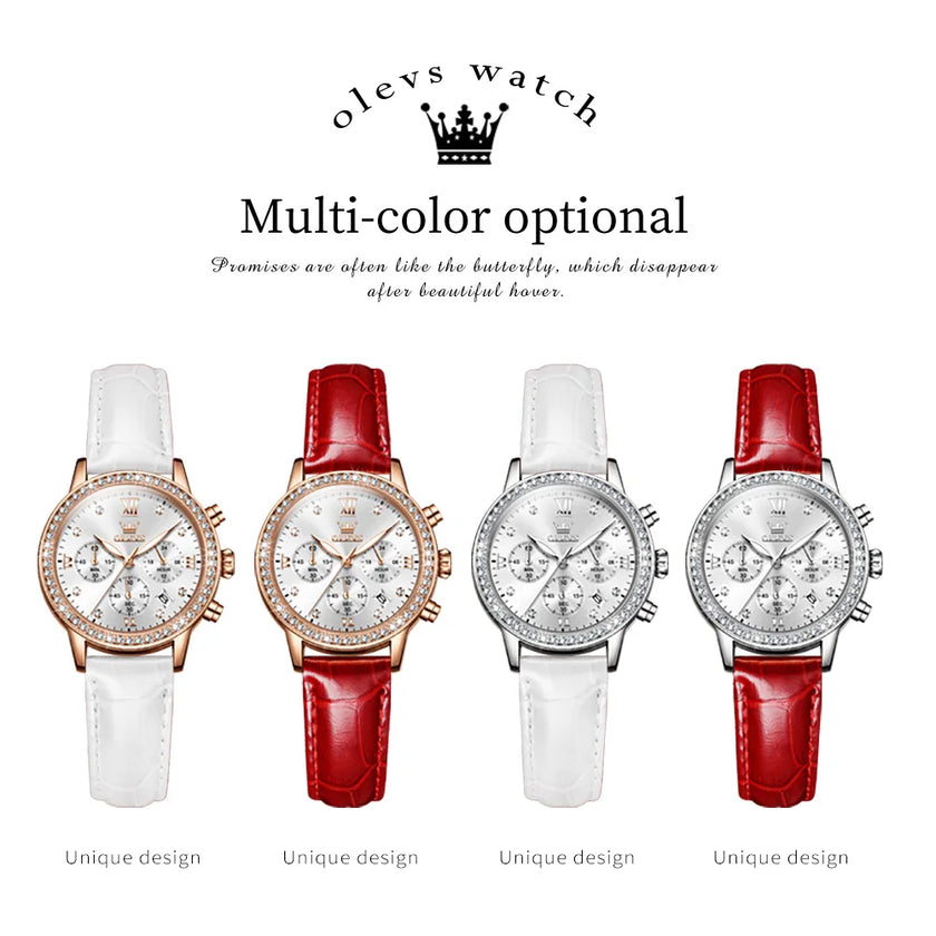 OLEVS 9933 Women' Watches Luxury Brand Diamond Quartz Wristwatch Waterproof Luminous   Leather Strap Multifunction Ladies Watch